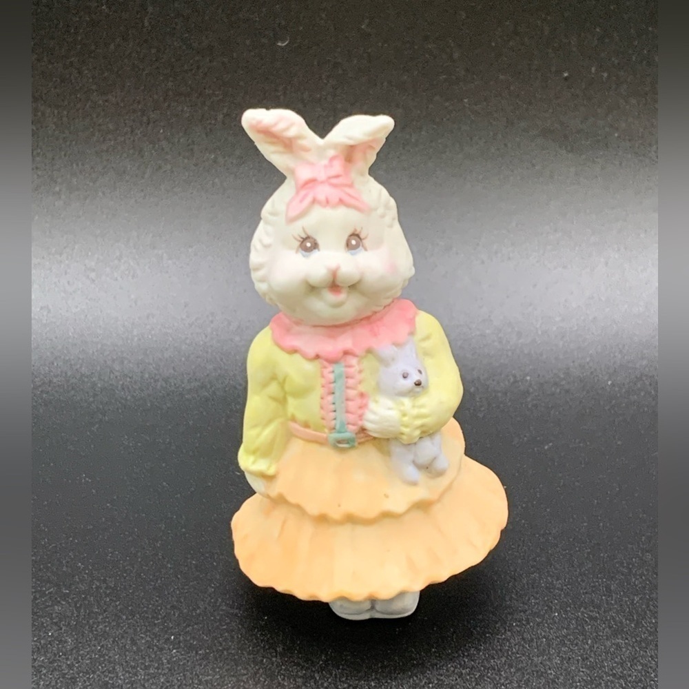 Vintage Delton Products Bunny Rabbit Girl Peach yellow Holding Stuffy Figurine